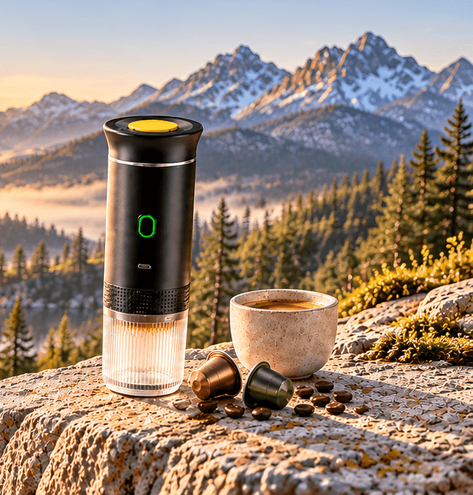 OneStow portable espresso maker with an espresso cup, capsules and coffee beans on a rock above a misty mountain lake at sunrise